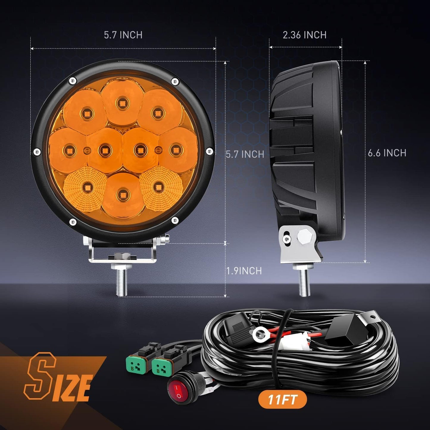Nilight 5.7 Inch Amber LED Driving Light Round 50W Yellow Fog Spot Flood Combo Lights w/ 16AWG DT Connector Wiring Harness IP68 for Offroad ATV UTV Truck Tractor