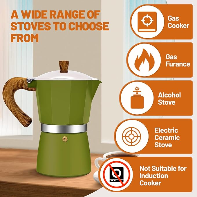 6 Cup Aluminum Espresso Stovetop Moka Pot Express Coffee Maker Percolator Italian Classic Mocha Coffee Machine for Italian and Cuban Cafe Brewing for Home & Camping 300ml 10oz