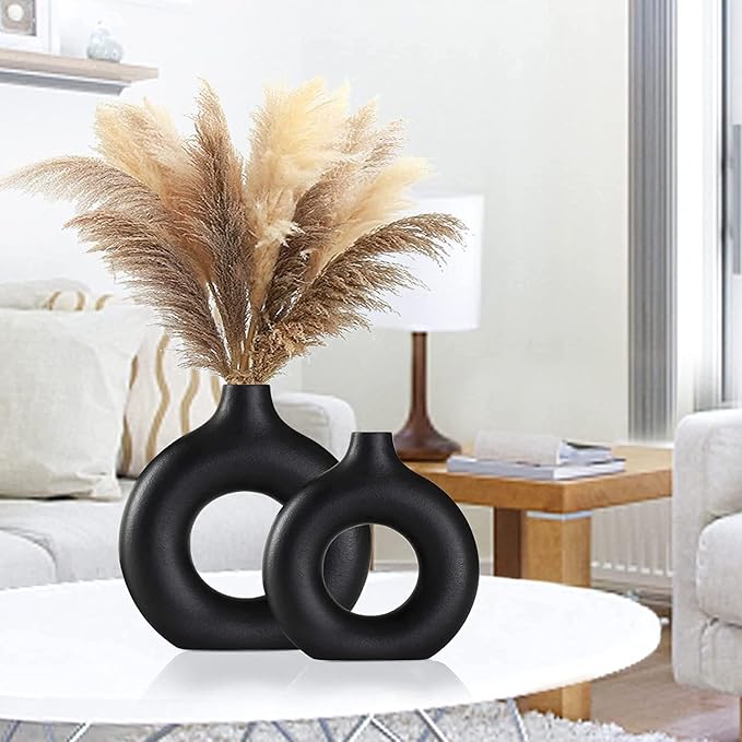 Ceramic Vases Set of 2, Modern Black Round Vase Rustic Home Decor, Donut Ceramic Design Apply to Living Room Kitchen Mantle Bedroom Dining Table Office Black Decor