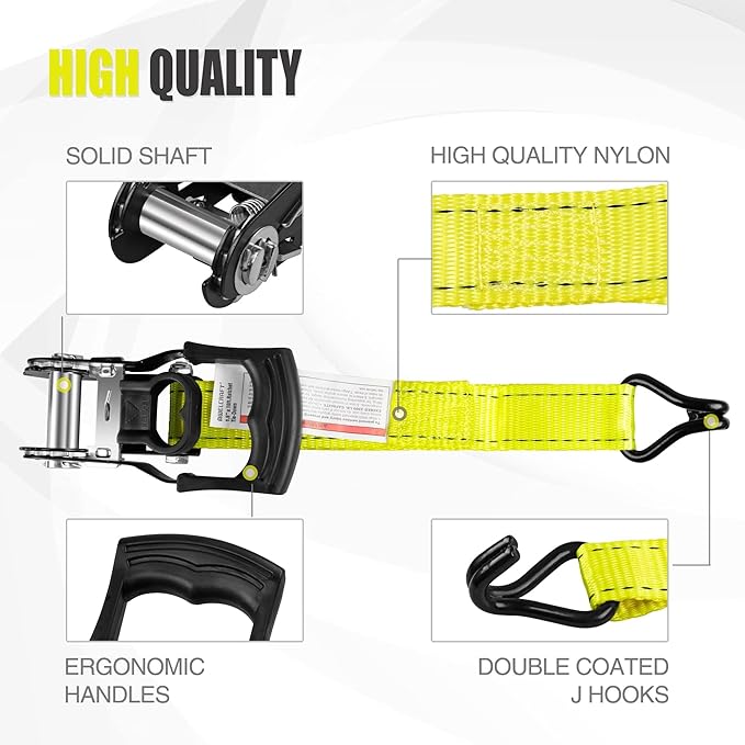 AWELCRAFT Ratchet Straps(4 Pack),3300lb Breaking Strength,1.5in×10ft Heavy Duty Tie Down Ratcheting with Padded Handles,Double J Hooks & 4 Soft Loops for Trailer,Trucks,Motorcycle(Yellow)