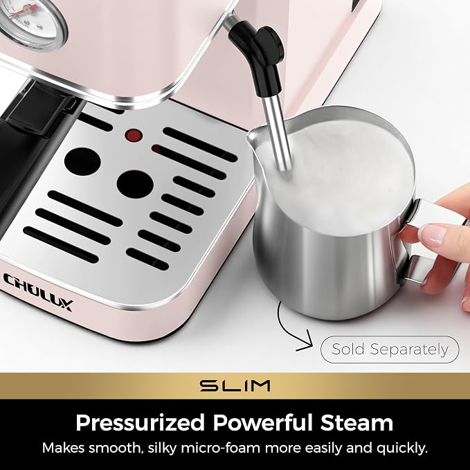 CHULUX Slim Espresso Machine with Milk Frother for Home Cappuccino, Pink | Precise Pressure Gauge, Food-Grade Materials, 20 Bar Italian Pump, Professional Temperature Control System, Stainless Steel