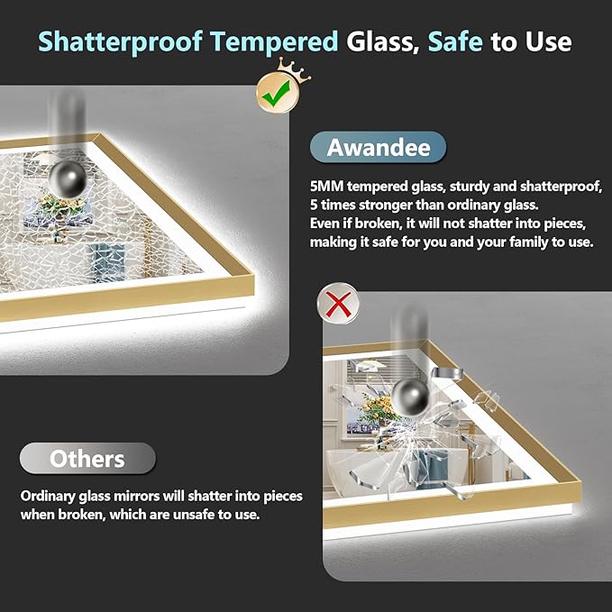 44x36 Gold Beveled LED Bathroom Mirror with Lights, Brushed Gold Framed Backlit and Front Lit Anti-Fog Lighted Vanity Mirrors for Bathroom Wall, Dimmable, 3 Colors, Memory, HD Tempered Glass