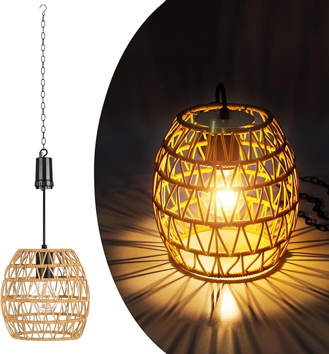 Larekook 6 Hours Timer Battery Operated Pendant Light with Warm White Bulb,Seagrass Woven Large Outdoor Hanging Rattan Lantern Waterproof,Battery Operated Chandelier for Patio Gazebo Tree Garden Decor
