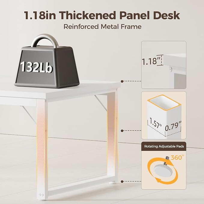 Mericonia 48 Inch Computer Desk with Power Outlets, 1.2" Thick Office Table | Modern Simple Style, Heavy Duty Industrial Frame, Small Study & Writing Table for Home Bedroom Work, White