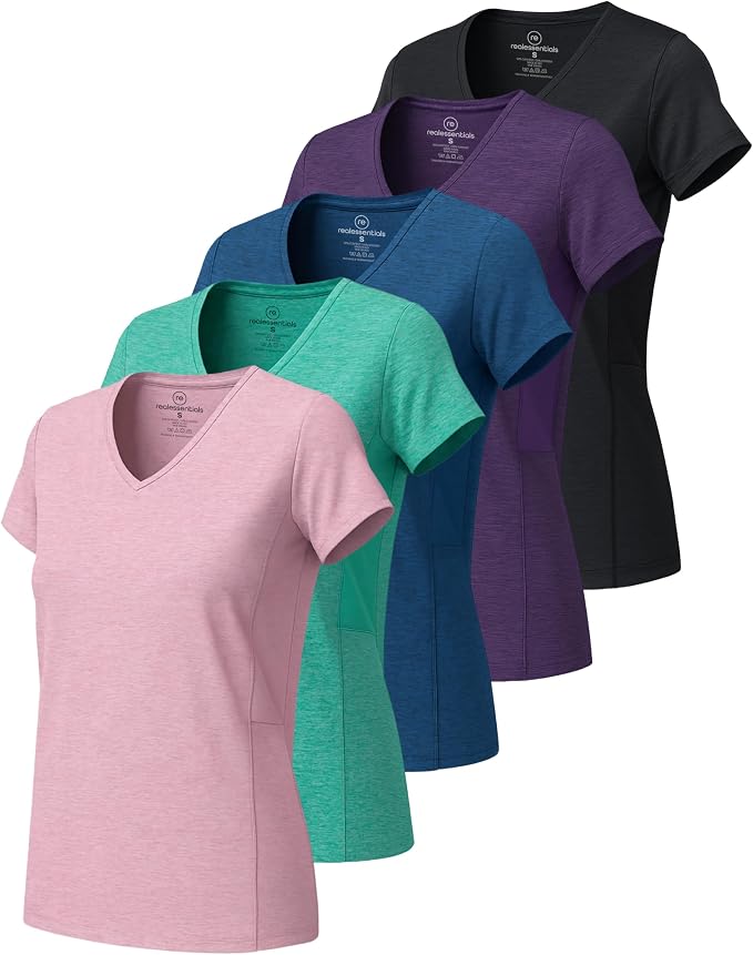 5 Pack Women's Dry Fit V Neck Workout Tops T Shirts Athletic Gym Yoga Tees | Available In Plus Size, Cooling Moisture-Wicking, Short Sleeve, Quick-Dry, Fitness, Stretch, Exercise, Running, Hiking