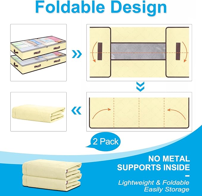 Budding Joy 6 Pack 90L Under bed Storage Containers Organizer Large Capacity Underbed Clothes Storage Bins Organization and Storage Bedroom Foldable Storage Bags with Clear Window Beige
