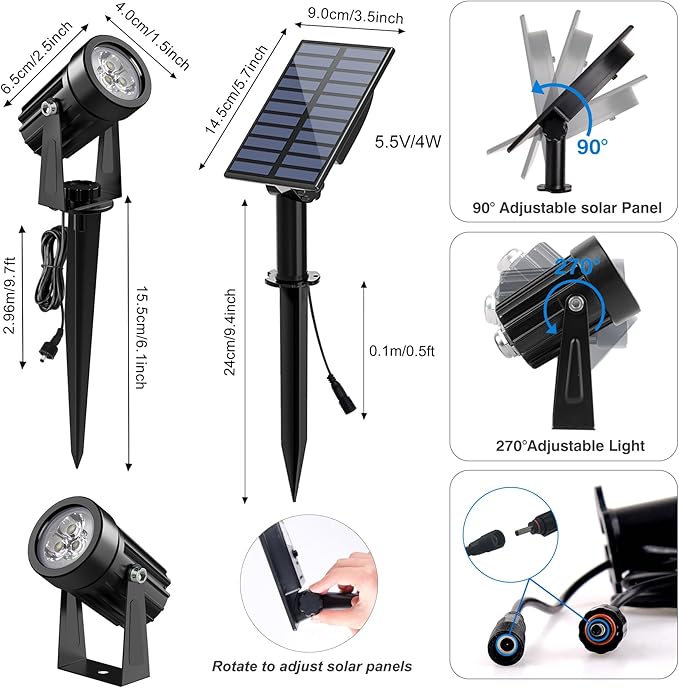 Solar Spot Lights Outdoor, Solar Landscape Spotlights IP65 Waterproof 9.8ft Cable, Auto On/Off Outdoor Wall Lights for Garden Yard Driveway Porch Walkway Pool (6000K White 2 Pack)