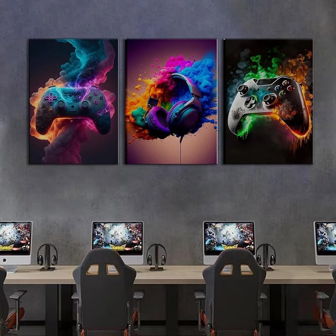 BGFCE Gaming Room Decor Canvas Wall Art Set of 3 - Cool Video Gaming Theme Wall Decor, Gamer Paintings Picture Print for Teen Boys Room 12x16 inch Framed