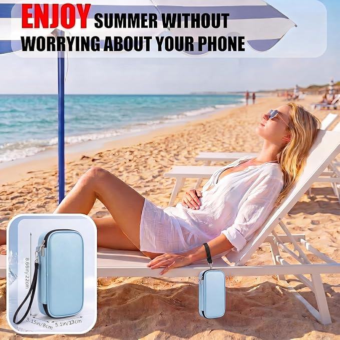 Phone Cooler Bag for Beach, Portable Phone Cooling Pouch with 2 Reusable Ice Packs, Keeps Cool in Extreme Heat for Car Pool Hiking, Extends Battery Life, Fits All Smartphones(Blue,PU)