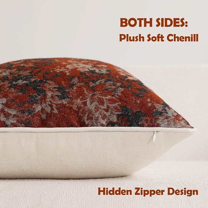 Pack of 2 Vintage Floral Euro Sham Covers 26x26 Boho Farmhouse Accents Chenille Square Decorative Throw Pillow Cases for Living Room Couch Bed Home Decor, Rust