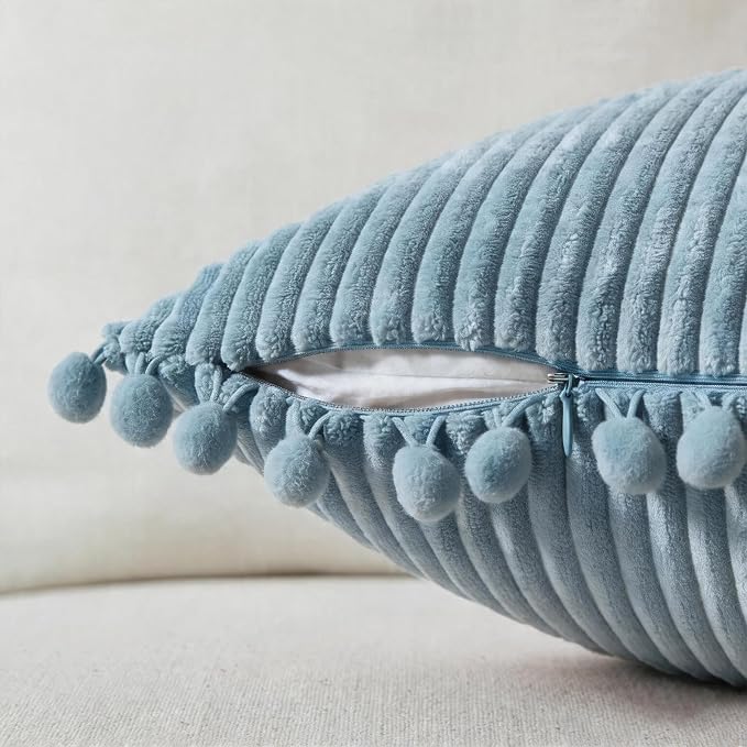 Fancy Homi Set of 2 Light Blue Decorative Throw Pillow Covers 16x16 Inch with Pom-poms, Boho Farmhouse Home Decor, Soft Corduroy Square Baby Blue Cushion Case for Living Room Couch Bed Sofa 40x40 cm