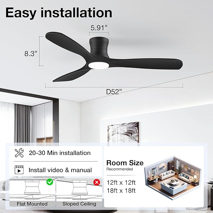 52” Smart Wood Low Profile Ceiling Fan with Lights Remote,Quiet DC Motor,Outdoor Indoor Flush Mount Ceiling Fans Controlled by WIFI Alexa App,Modern Black for Bedroom Living Room Patio Porch