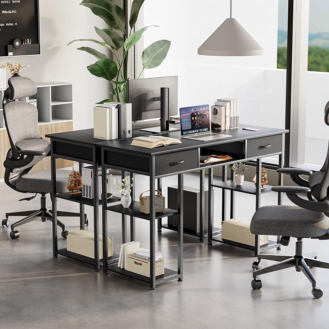 DUMOS 48-Inch Computer Desk with Drawers, Hook and Side Bag, Black | Home Office Desk for Bedroom, Gaming Writing Study Desk with Adjustable Feet