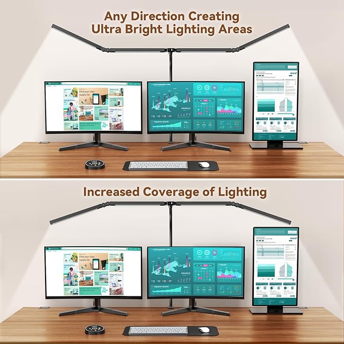 Pzloz Led Desk Lamps for Home Office - Eye Caring Architect Lamp with Clamp, Double Head Computer Monitor Work Desk Light with Remote Control: 24W Flexible Dimmable Desktop Table Lamp