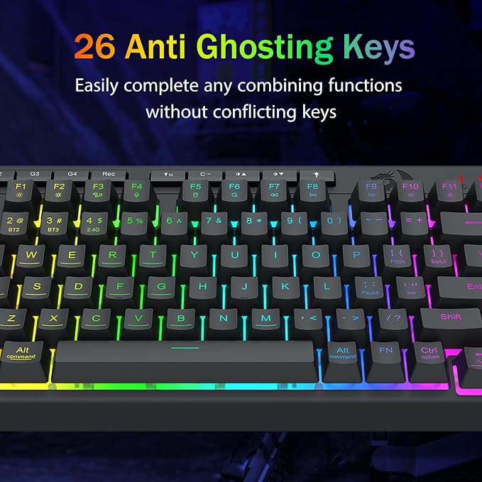 Redragon Wireless Gaming Keyboard, RGB Backlit, Portable 75% Design, Black | Bluetooth/2.4GHz/USB-C Wired, Mini Quiet Macro Membrane Keyboard, Rechargeable 4000mAh Battery, Anti-Ghosting for Win/MAC