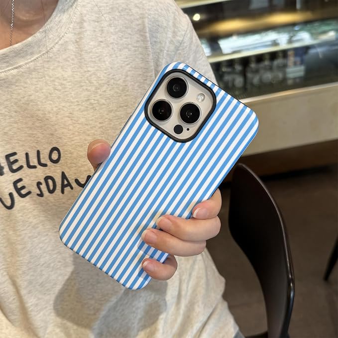 for iPhone 13 Pro Max Case Striped Cute Aesthetics Phone Case Trendy Protective Shockproof Cover for iPhone 13 Pro Max Blue White