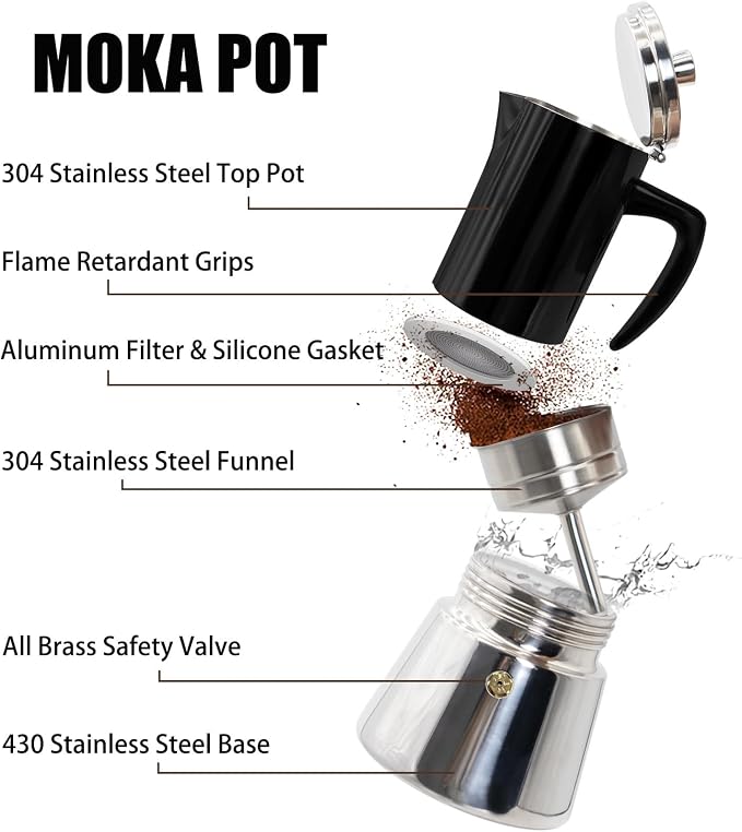 4 Cup Thickened 304 Stainless Steel Moka Pot Stovetop Espresso Maker Cafeteras Italian Percolator Espress Makers Capable Greca Mocha Coffee Machine for Induction Home and Camping 200ml 6.6oz
