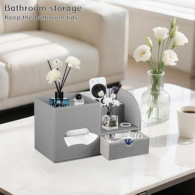 Fanousy Square Tissue Box Cover with Drawer Storage and Tray on Top, PU Leather Tissues Cube Boxes Holder, Modern Nightstand Organizer Caddy, Remote Control Holder for Bathroom, Bedside, Office, Home