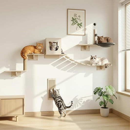 Cat Wall Shelves, Modern Wall-Mounted Cat Furniture Includes House, Bridge, Steps, Scratcher, Perch & Lounge for Indoor Cats, Space-Saving Wall Mounted Cat Shelves for Play & Rest