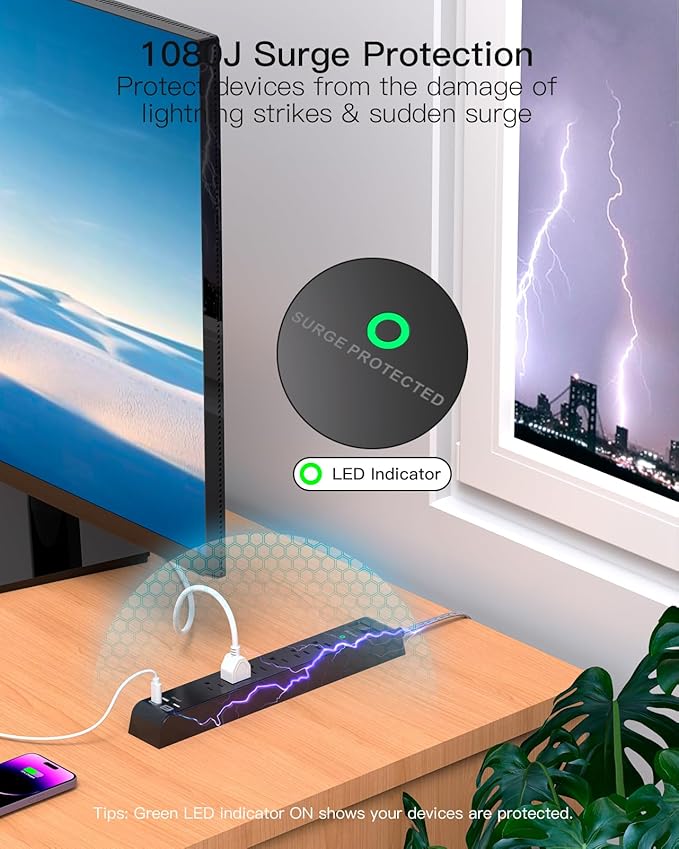 Surge Protector Power Strip - 6 Outlets 4 USB Charging Ports, 5Ft Braided Extension Cord, Flat Plug, Overload Protection, Wall Mount for Home Office, Dorm Room Essentials, Black