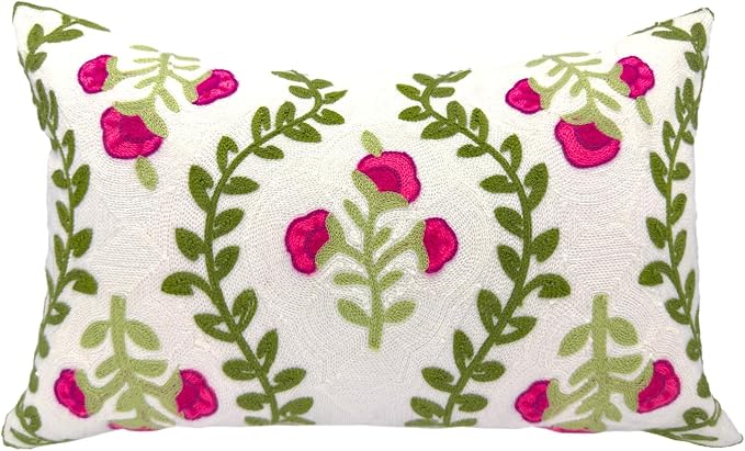 Alysheer Flower Embroidered Summer Decorative Lumbar Throw Pillow Cover 12"x 20", Farmhouse Cottage Hot Pink Floral Green Leaves Patterned Cotton Canvas Cushion Case for Sofa Couch Bed Living Room