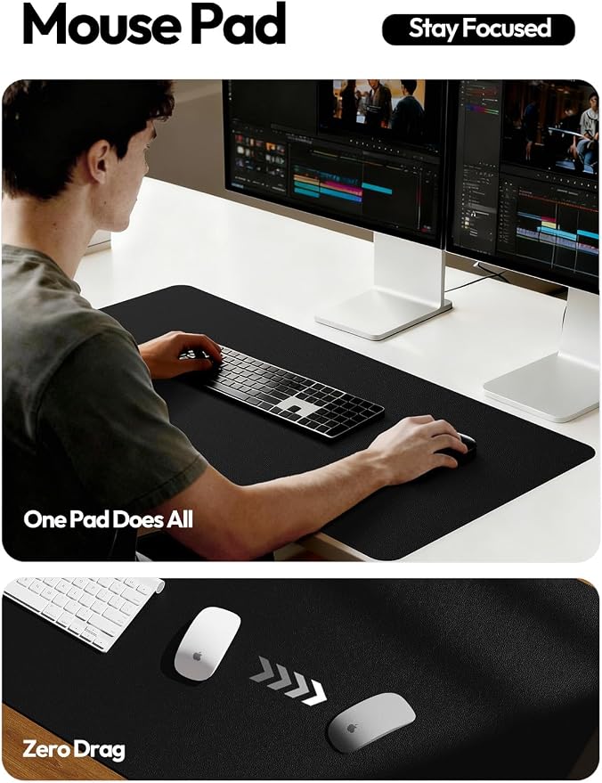 YSAGi Leather Desk Protector, Office Mat, Large Mouse Mat, Non-Slip PU Leather Blotter, Laptop Desk Pad, Waterproof Writing Pad for Office and Home (Black, 47.2" x 23.6")