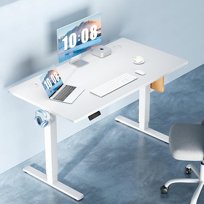 DUMOS 55 Inch Electric Standing Desk, Memory Adjustable Home Office Desk | Sit Stand Up Desk for Work Home Office,Adjustable Desk, Rising Computer Table with Splice Board,Cable Management,Hook,White