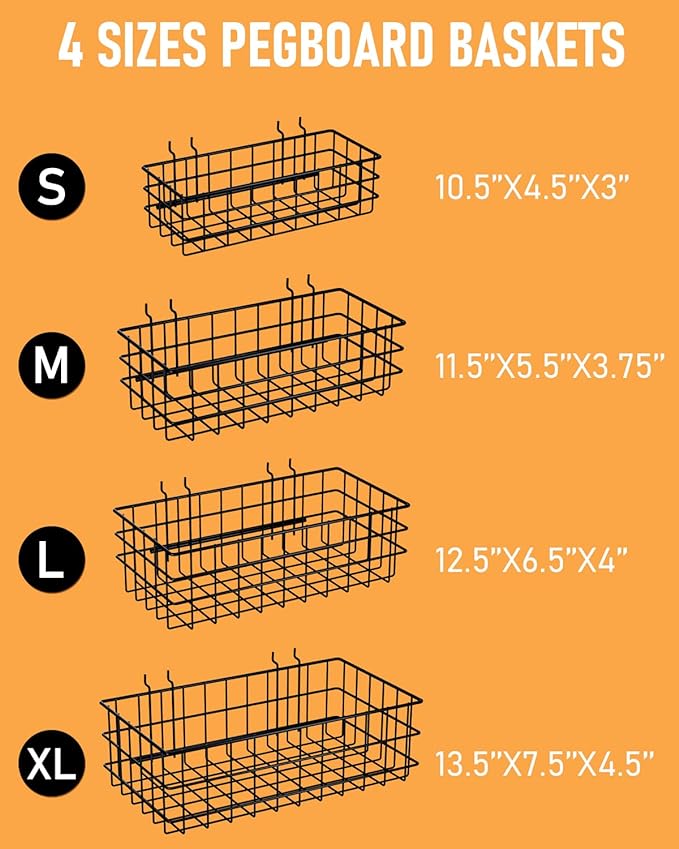 INCLY 4 Pack Pegboard Baskets Bins Set, 4 Size Square Style Black Metal Wire Basket for Any Peg Board Organizing Tools, Pegboard Accessories for Workbench Garage Wall Storage Attachments