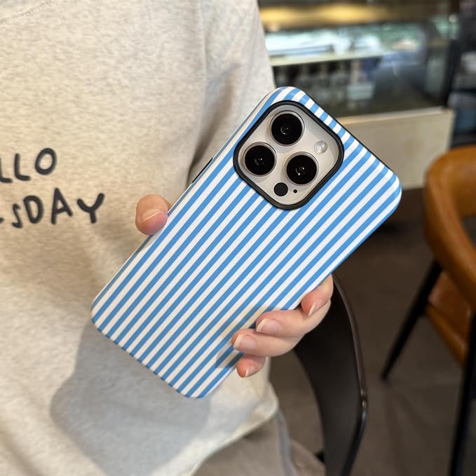 for iPhone 16 Pro Max Case Striped Cute Aesthetics Phone Case Trendy Protective Shockproof Cover for iPhone 16 Pro Max Blue White
