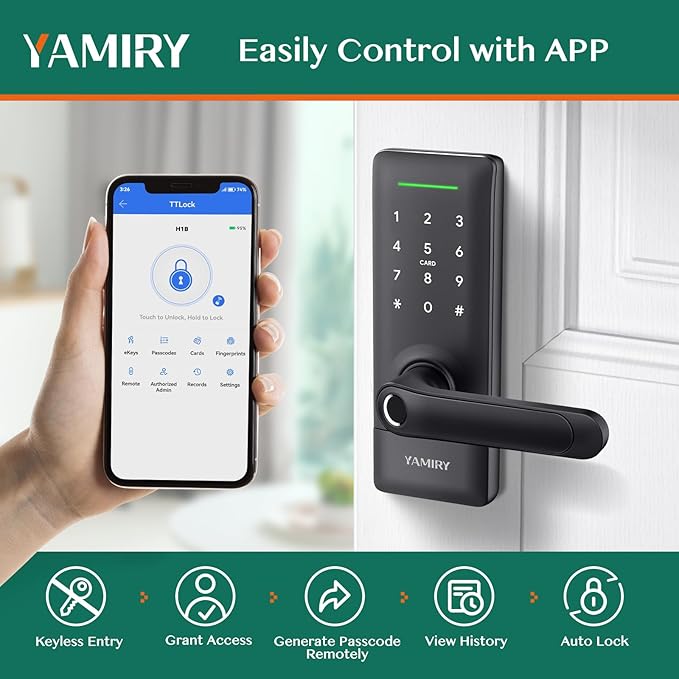 Smart Door Lock, Biometric Fingerprint, Keyless Entry, App Control, 6 Ways to Unlock, DIY Installation, Black