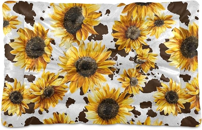 Retro Sunflower Dog Bed Mat - Brown Leopard Pet Kennel Washable Cat Crate Pad, Sleeping Mattress for Large Medium Small Dogs, 36x24 Inch