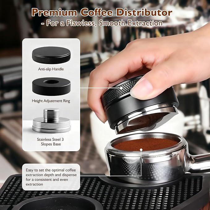 Espresso Accessories Kit 51mm, 7-Pcs Espresso Coffee Tamper Tool Set with Wooden Tamping Station, WDT Tool, Coffee Distributor, Dosing Funnel, Brush & Puck Screen for Home Barista