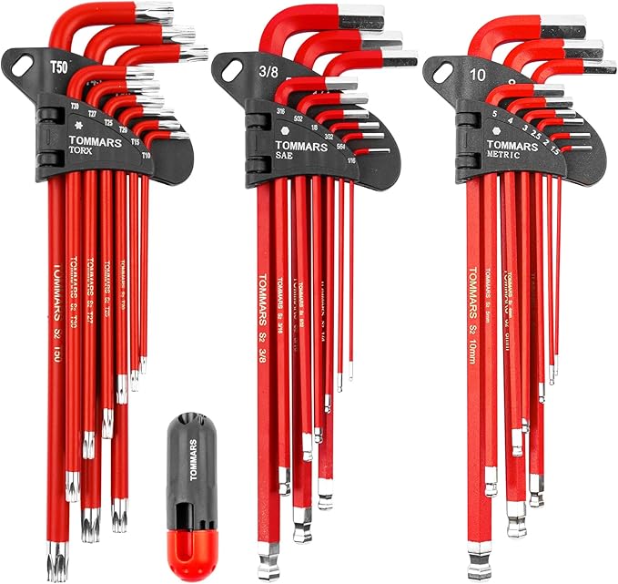 TOMMARS Hex Key Set Magnetic Ball End S2 Steel With T-Handle Hex Key Allen Wrench Set SAE(1/16"-3/8") Metric(1.5mm-10mm) TORX(T10-T50)