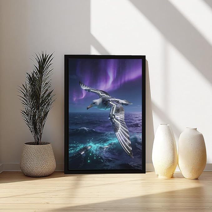 Framed Steampunk Mechanical Seagull Wall Art - Aurora Ocean Retro Poster for Bedroom Game Room Decor 08x12in