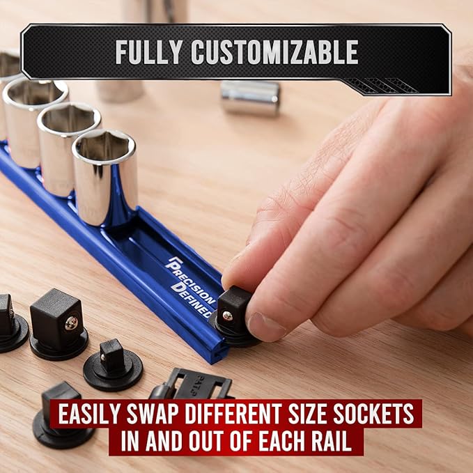 Precision Defined Aluminum Tool Socket Holder | Blue, Single 1/4-Inch Socket Organizer x 16 Clips | Heavy Duty Socket Rails Organizer, Socket Storage, Socket Tray 360 Rotation