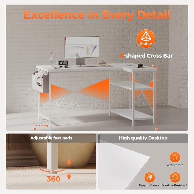Mericonia 55 inch L Shaped Gaming Desk, Large Corner Desk with Shelves | Reversible Computer Desk with Power Outlets & Storage Bag, Office Table for Home Bedroom Study Work Writing