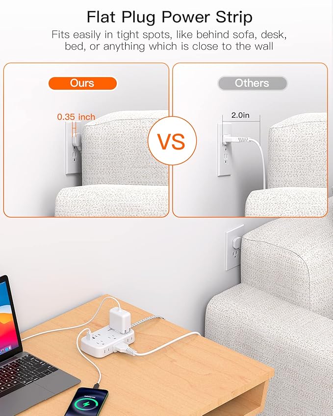 15FT Flat Extension Cord, BESHON Flat Plug Power Strip with USB C, Ultra Thin Flat Plug Extension Cord - 6 Outlets with 4 USB Ports(2 USB C Outlet), No Surge Protector for Dorm Room Travel Essentials