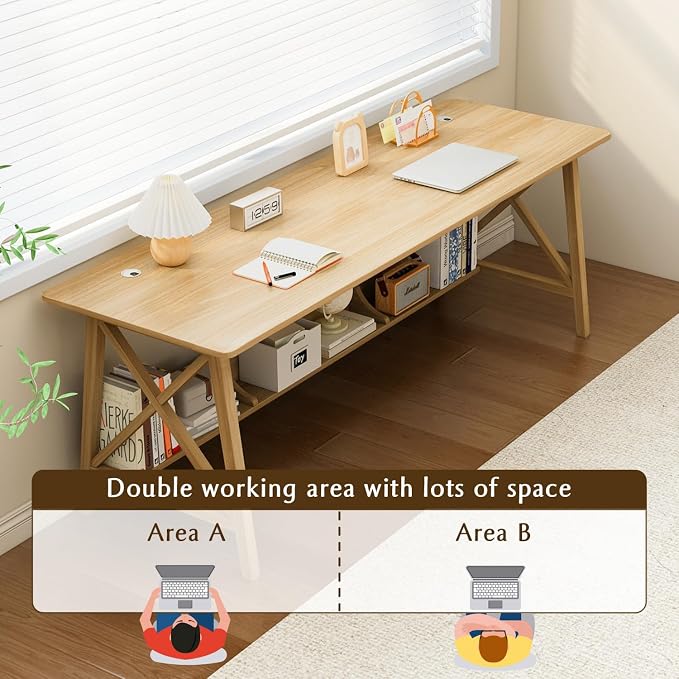 NELYE Extra Long Writing Desk with Bookshelf, 47" Wx16 Dx30 H, Oak | Wooden Home Office Work Study Table, Computer Gaming Workstation with Storage Shelf, Sturdy MDF Resists Wobble