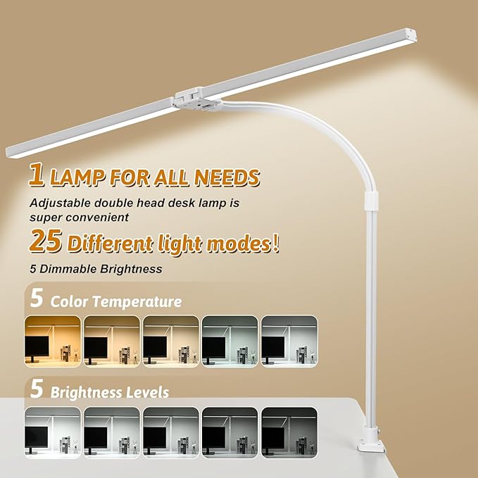 LED Desk Lamp with Clamp and Base, Dual Head Monitor Light | 24W Dimmable Eye-Caring Task Lamp with Timer, Anti-Glare Cover and Gooseneck for Home Office Dorm, Workbench and Study