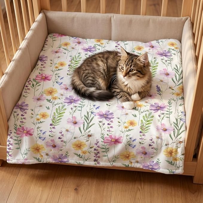 Horaldaily Pets Flannel Blanket, Spring Summer Watercolor Wildflowers Soft Fuzzy Fluffy Plush Cozy Fleece Premium Blankets for Dog Cat Puppy Kitten Couch Protection, 20x30