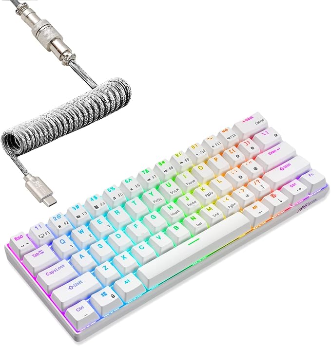 RK ROYAL KLUDGE RK61 Wireless Mechanical Keyboard, 60% Percent RGB, White | Hot Swappable Gaming Keyboard with Bluetooth/2.4G/USB, 61 Keys Ultra-Compact for Win/Mac/PC, Coiled Cable, Linear Red Switch