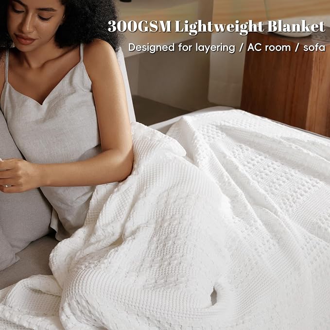 PHF 100% Cotton Waffle Weave Blanket King Size, Lightweight Breathable Summer Blanket for Hot Sleepers, Pre-Washed Soft Layer for Bed, Couch, Home Decor Gift, 108"x90", White