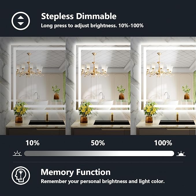 40x36 Inch LED Bathroom Mirror with Lights Front and Backlit Lighted Vanity Mirror for Bathroom Wall with 3 Colors Dimmable Anti-Fog Memory Shatter-Proof IP54 Waterproof Horizontal/Vertical