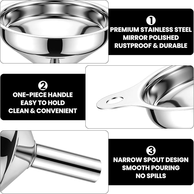 Mifoci 6 Pcs Stainless Steel Kitchen Funnels Set 3 Sizes Mini Food Grade Metal Funnels for Liquids, Oils, Powders & Spices Includes 2 Cleaning Brushes and Hanging Rings for Easy Storage