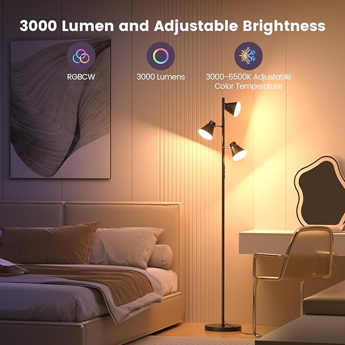 RGB Floor Lamp, 36W LED Dimmable Standing Lamp with 3 Swivel Lights, Color Changing Tall Lamp with Remote, Stepless Dimmable Modern Floor Lamps for Living Room, Bedroom, Gaming Room,Office