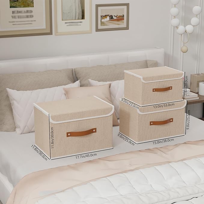 Yawinhe Collapsible Storage Boxes, Linen Fabric Baskets, Bin with lid and Leather Handle, Washable, for Home, Closet, Beige, 17.7''Lx11.8''Wx11.8''H, 5-Pack, USNK024BEX-5