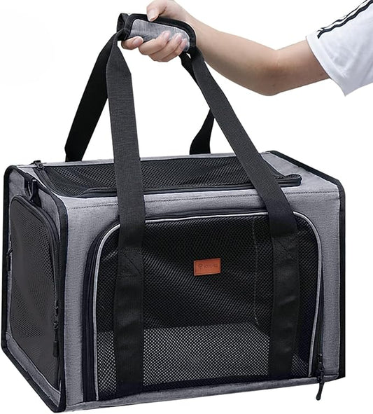 Cat Carrier Dog Carrier, Pet Travel Bag for Cats & Small Dogs up to 15 lbs, Washable Soft Sided Collapsible Airline Approved Puppy Carrier, 17.5"x12"x12. (Dark Gray)