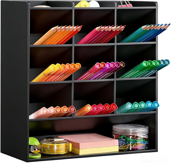 BEYGORM Acrylic Vertical Marker Organizer for 150 Markers, Desk Orgaizer | 13 Compartments Clear Angled Pen & Pencil Holder, Large Stationery & Art Supply Storage for School (10.2 x 9.8 x 4 Inch)