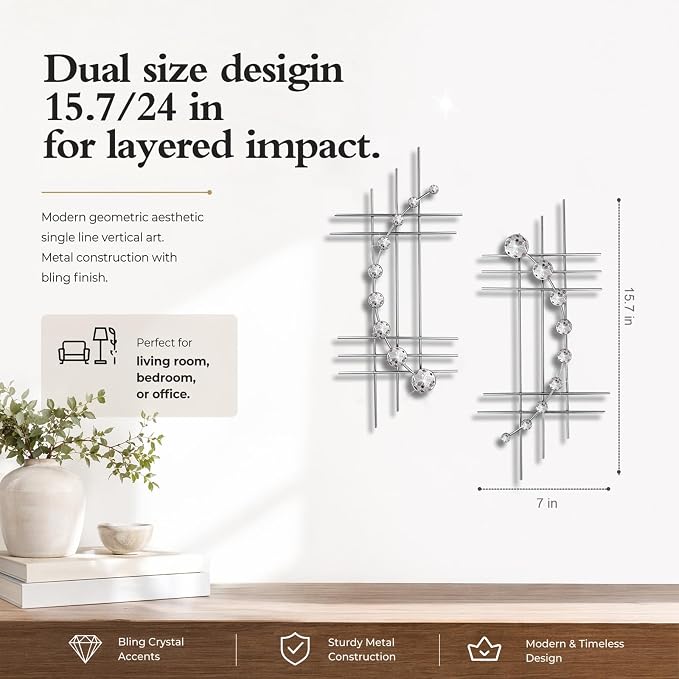 ZEXUIRU 2 Pcs Abstract Metal Art for Wall Decor Living Room Bedroom Bathroom Office Metal Bling Modern Geometric Hanging Vertical Small Iron Sculpture Plaque Pack -Silver 15.7in