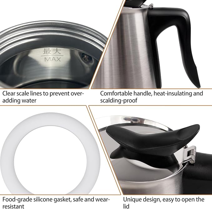 Electric Stainless Steel Moka Pot 6 Cup 300ml Mocha Pot | Espresso Maker with Detachable Base Ideal Coffee Maker for Home Italian and Cuban Café Coffeemaker Espressomaker Coffee Pot
